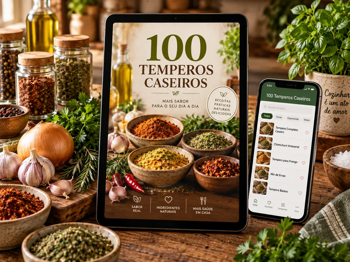 100 Temperos Caseiros no tablet e no celular, sobre a bancada com potes de tempero, alho e ervas frescas