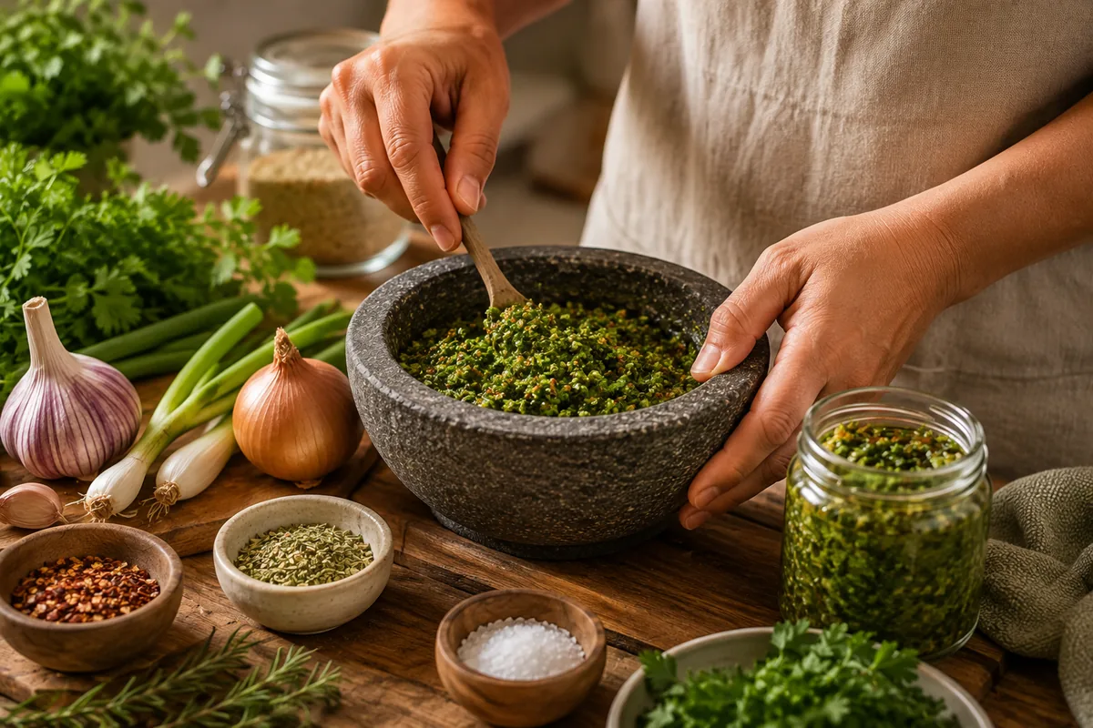 Preparo de tempero verde caseiro com alho, cebola e ervas frescas