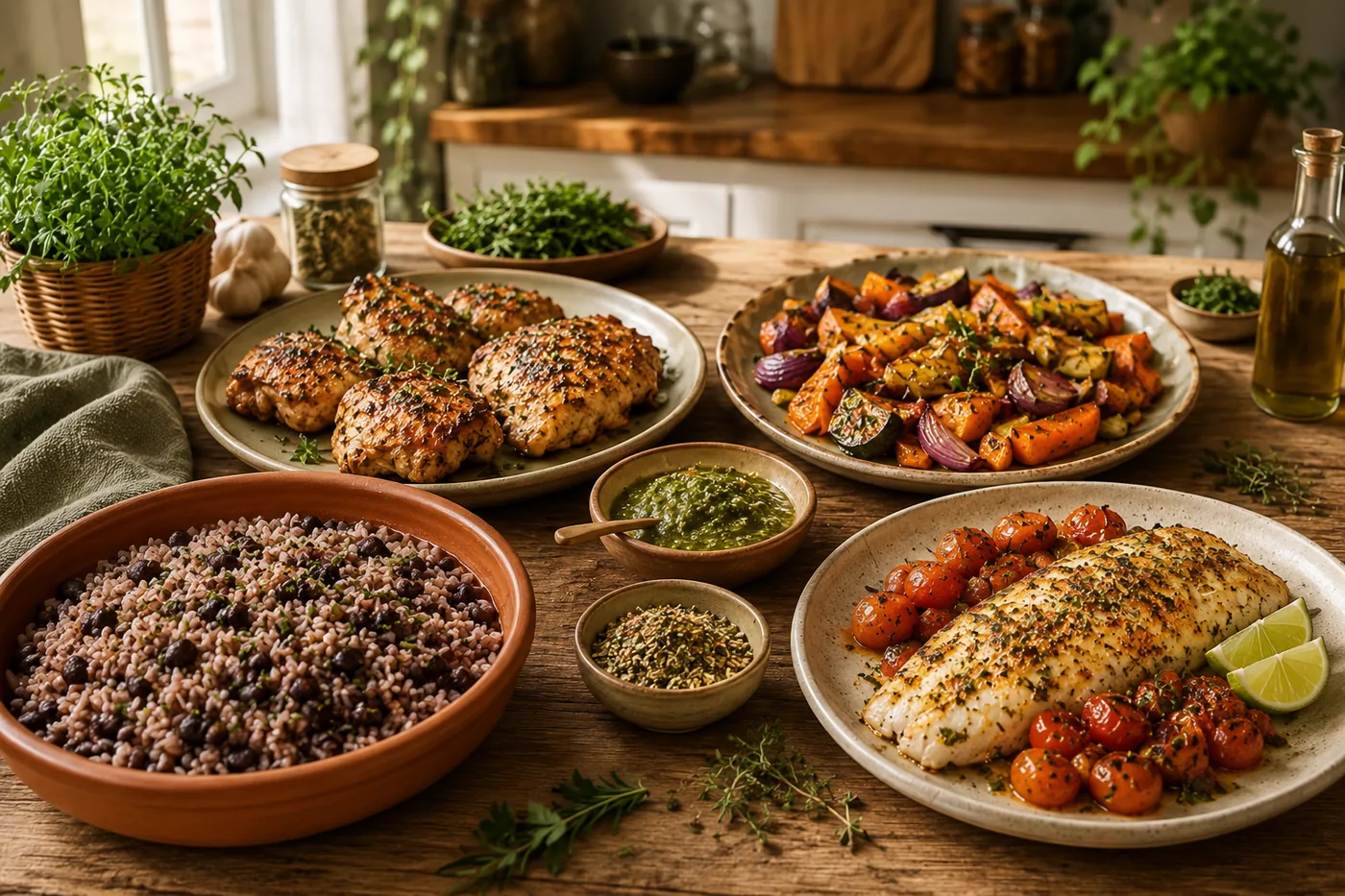 Arroz e feijão, frango, peixe e legumes preparados com temperos caseiros